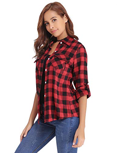 Aibrou Women's Blouses Tops Roll up Long Sleeve Plaid Button Down Casual Boyfriend Shirt Red