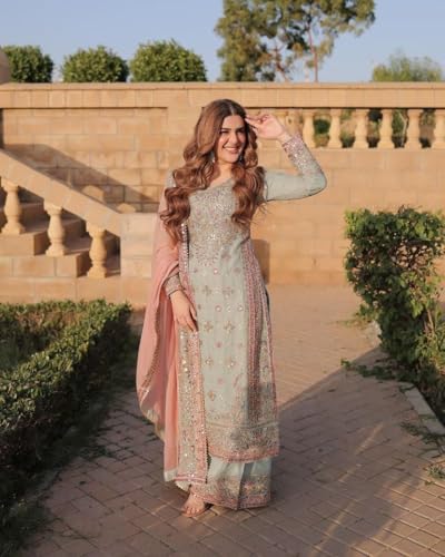 Image of WOONARI Royal Sage Green Pakistani Salwar Suit | Designer Embroidered Georgette Set with Pink Dupatta | Ideal for Wedding (XXL)