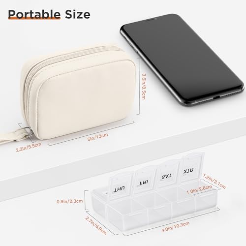 Image of Zannaki Cute Pill Organizer for Purse with Two Removable 7-Day Pill Box, Travel PU Leather Pill Case, Portable Weekly Pill Container with Storage Bag to Hold Vitamins, Fish Oils, Supplements (Beige)