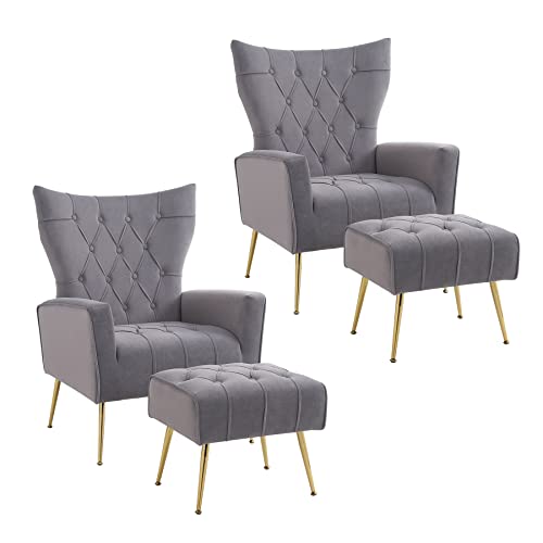 Sillón con otomana terciopelo gris miniatura 1