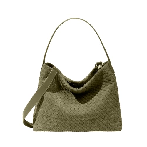 Womens Braided Leather Tote Bag Stylish Suede Hobo Shoulder Bag with Woven Details (Green)