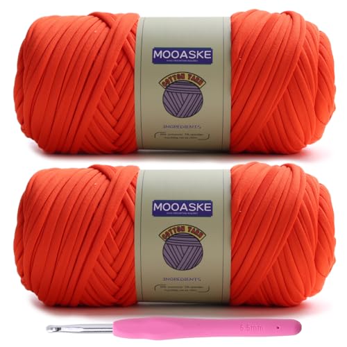 Image of Mooaske 2 Pack T-Shirt Crochet Yarn for DIY Knitting Crochet Cloth Blanket Bag Dolls - 400g Chunky Thick Yarn for Crocheting with Polyester-Spandex Blend Elastic Fabric (Orange)