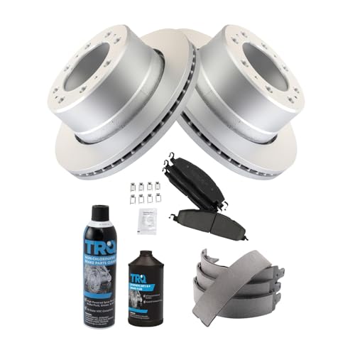 Image of TRQ Rear Brake Pad & Rotor Kit, with Chemical Kit Parking Brake Shoe Set Ceramic Premium G-Coated Compatible with 2009-2010 Dodge Ram 2500, 3500 2011-2018 Ram 2500 3500