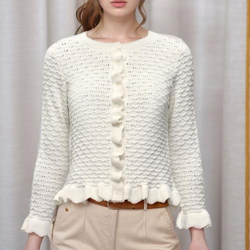 FindThy Women’s Crochet Cardigan Sweater Trendy Crewneck Ruffle Long Sleeve Button Down Crop Knitwear Tops2