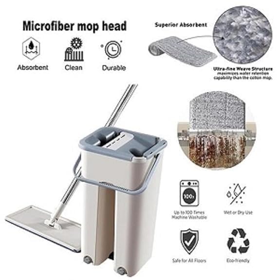Image of TEKCOOL Mop Heavy Quality Floor Mop with Bucket, Flexible Kitchen tap Flat Squeeze Cleaning Supplies 360 Flexible Head /2 Reusable Pads Clean Home Floor Cleaners: