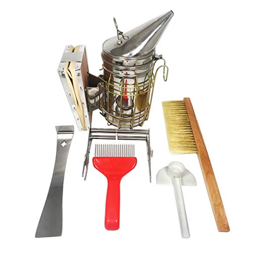 NAVADEAL Set of 6 Beekeeping Tools Kit - Hive Smoker, Scraper, Brush, Feeder, Fork, Frame Grip