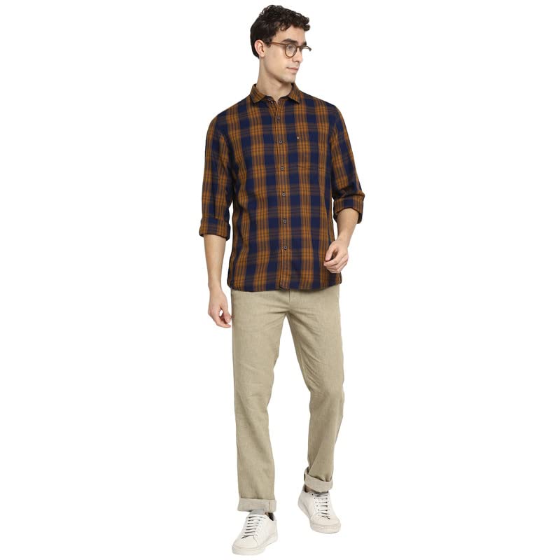 Image of Turtle Men Khaki Cotton Checked Slim Fit Shirts