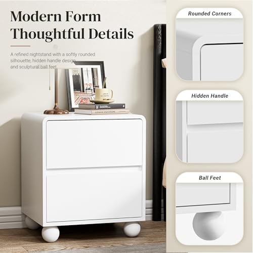 Image of Furniway White Nightstand Set of 2, Modern 2 Drawer Bedside Table with Curved Profile Design and Handle-Free Drawers, Modern End Table with Storage for Bedroom