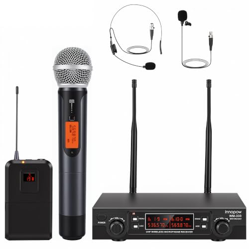 Image of innopow 200-Channel Wireless Microphones System, Wireless Lavalier Microphone, Dual UHF Bodypack Cordless Lavalier Mic System Set, Auto Scan, Long Range 200-240Ft, 16 Hours Ideal for Church (Black)