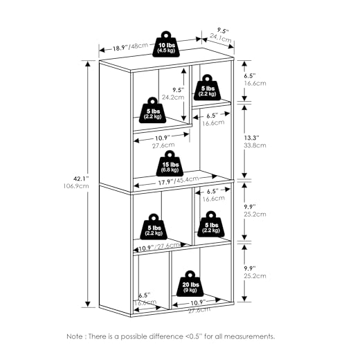Furinno DALY Libreria, libreria a 7 cubi, libreria organizer a cubi con scomparti irregolari, 23.9 x 48.0 x 106.9 cm, per soggiorno, camera da letto, ufficio domestico, pino ambrato - Immagine 2