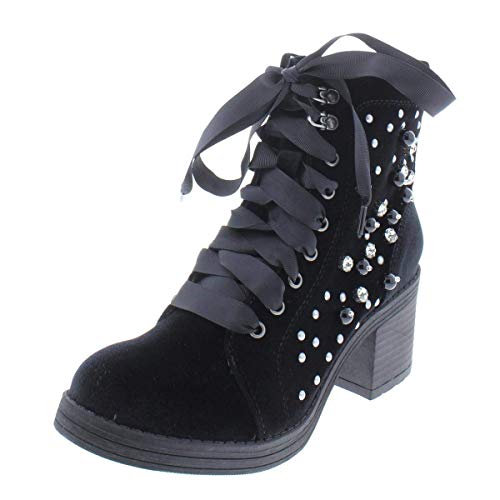 Madden Girl Womens Veera Embellished Velvet Combat Boots, Black Velvet, Size 5.5