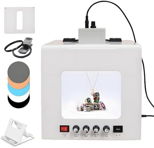 Jewelry Light Box Kit with Motorized Turntable, 360 Rotating Photo Studio for Gemstones, Adjustable LED Lights 3000K-5500K, CRI>92, Includes Phone Holder & Backdrops for E-commerce Product Photography Jewelry Light Box Kit with Motorized Turntable, 360 Rotating Photo Studio for Gemstones, Adjustable LED Lights 3000K-5500K, CRI>92, Includes Phone Holder & Backdrops for E-commerce Product Photography