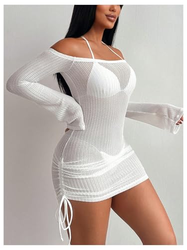 COZYEASE Women's Off Shoulder Sheer Cover Up Drawstring Long Sleeve Crochet Beach Dress4