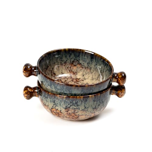 Image of Beyond Homes Ceramic Snack Bowl with Handle, 18 cm | Microwave and Dishwasher Safe Ceramic Serving Bowl for Pasta, Soup, Snacks | Matte Finish, Set of 2 (Abstract Brown, 500 ml)