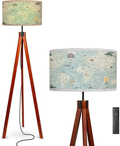 Floor Lamp childrens world map animals balloons airplanes for printing custom Standing Lamp Solid Wood Legs Modern Tall Lamp Tripod Floor Lamp with Flaxen Shade for Living Room, Bedroom, Office