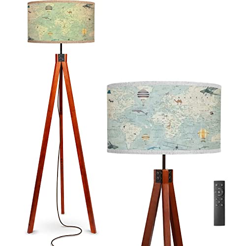 Floor Lamp Childrens World Map Animals Balloons Airplanes For Printing Custom Standing Lamp Solid Wood Legs Modern Tall Lamp Tripod Floor Lamp With Flaxen Shade For Living Room, Bedroom, Office #TOP1