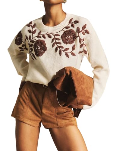 Verdusa Women's Vintage Floral Sweater Cozy Oversized Sweaters Embroidery Boho Chic Knit Pullover Tops Beige Medium