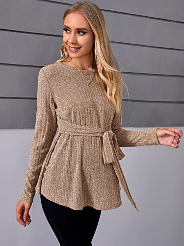 Makemechic Women's Maternity Shirts Casual Long Sleeve Tie Front Ribbed Knit Pregnancy Tee Top Mocha Brown M #TOP2