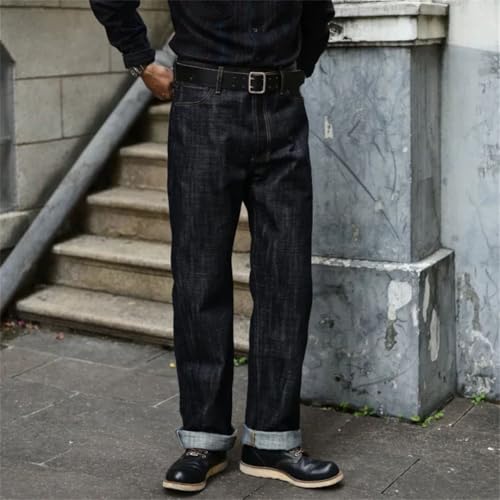 Men’S Vintage Loose Fit Selvedge Raw Denim Full Length Jeans Button Fly Midweight Daily Wear Silver-Plated Buttons3