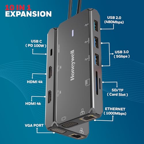 Honeywell Newly Launched 10-in-1 Type C Dock with Dual 4K HDMI, 1GBPS RJ45 Ethernet Port, 2xUSB 3.0, 1xUSB 2.0 & Type C 3.0 PD100W, VGA port, SD & MicroSD Slot, for All Type C Devices- Windows/MacBook - Image 4