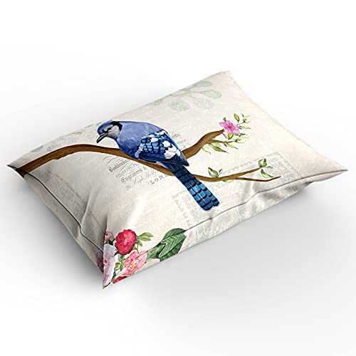 Partyshow 4 Piece Bed Sets Full, Blue Jay Bird Tree Branches Spring Floral Bedroom Comforters Cover Bed Sheet With 2 Pc Pillowcases For Girls/Boys/Bedroom, Retro Letter Postage Stamp #TOP1