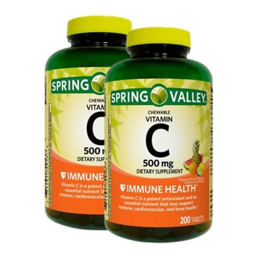 Spring Valley Vitamin C 500mg Tropical Fruit Flavor 200 Count Tablets Chewable Vitamin C Dietary Supplement + 7 Day Pill Organizer Included (Pack of 2)