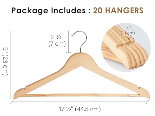 StorageWorks Wooden Hangers 20 Pack, Wood Coat Hanger for Coats, Shirts, Jackets, Pants, Suits, Natural Wood Color
