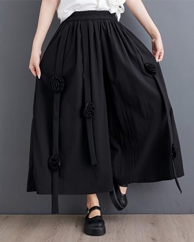 ellazhu Women's Puffy Drawstring Elastic Waist Wide Leg Rose Harem Pants GZ176 A4