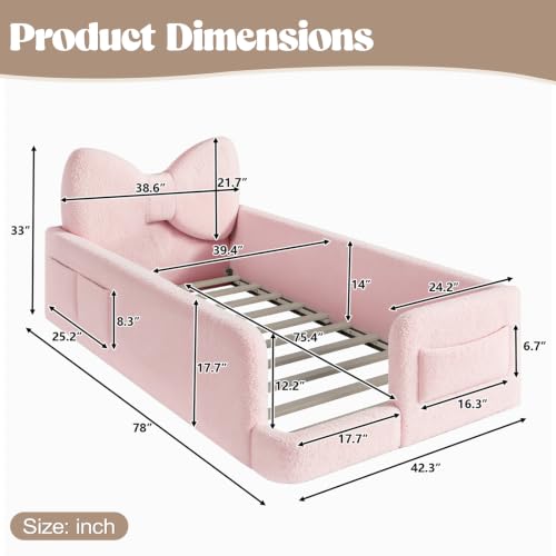 Image of Twin Size Kids Bed with Bow-Shaped Headboard, Upholstered Teddy Fabric Twin Daybed with Slats Support & Side Pockets, Space-Saving Wooden Corner Sofa Couch Bed Frame for Girls, Boys, Teenager(Pink)