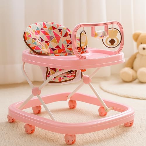 Image of Blushbaby 360 Baby Walker for 6-18 Months | 5-Height Adjustable Activity Walker with Cushioned Seat, Meal Tray & Toy Bar | Foldable & Lightweight Walker for Boys & Girls (Pink)