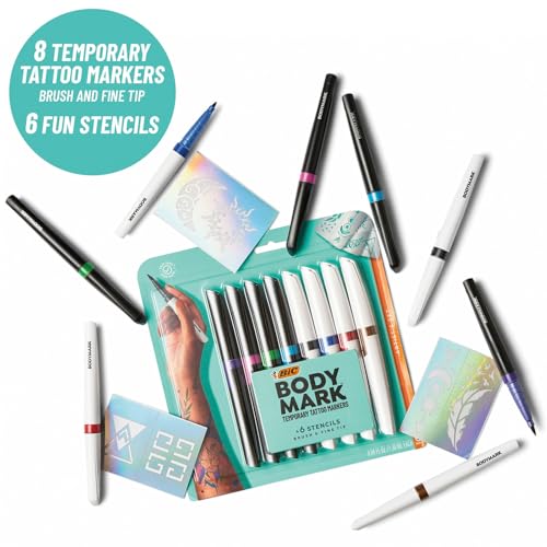 BIC BodyMark Temporary Tattoo Markers for Skin, Artist's Set, Mixed Tip, 8-Count Pack of Assorted Colors, Skin-Safe*, Cosmetic Quality
