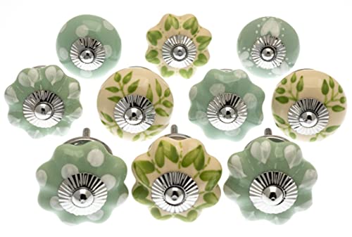 Mango Tree Lot de 10 boutons de porte peints à la main en vert menthe pâle et pois blancs, rayures et cœurs Cover