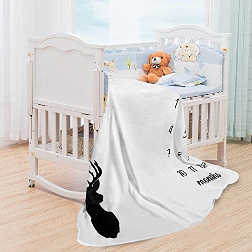 Baby Monthly Milestone Blanket Boy - Newborn Month Blanket Unisex Neutral Personalized Shower Gift Deer Antlers Nursery Decor Photography Background Prop With Frame Large 51''X40'' #TOP4