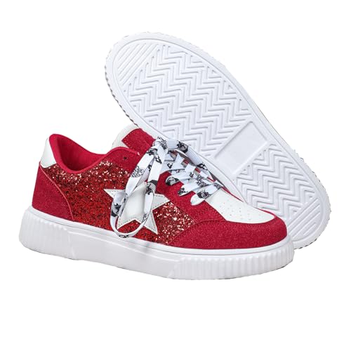 Image of Womens Y2K Star Chunky Trainers Sparkly Glitter Platform Skate Shoes Sequin Lace-Up Red UK 8.5