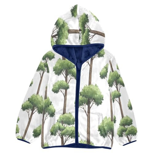 Tree Pattern with Green Leaves Toddler Fleece Jacket Girl Boys Hooded Fleece Jacket Coat Warm Outwear Zip-up 3-10T