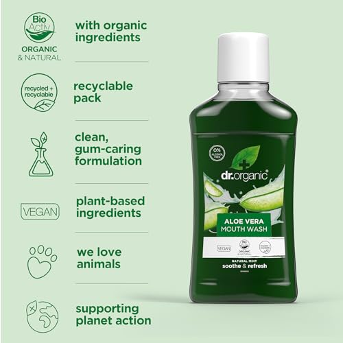 Dr Organic Aloe Vera Mouthwash, Alcohol Free, Fluoride Free, Refreshing, Natural, Vegan, Cruelty-Free, Paraben & SLS-Free, Organic, 500ml, Packaging may vary