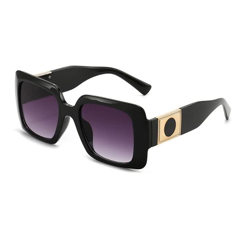 Womens UV Anti-UV Sunglasses with Metal Hinged Square Big Frame Sunglasses Black Frame Double Gray Flakes