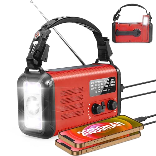 Emergency Hand Crank Solar Radio 20000mAh with Clear Signal, AM FM NOAA Weather Radio Battery Operated with 2-Mode LED Flashlight Cell Phone Charger Dual Outputs SOS for Emergencies