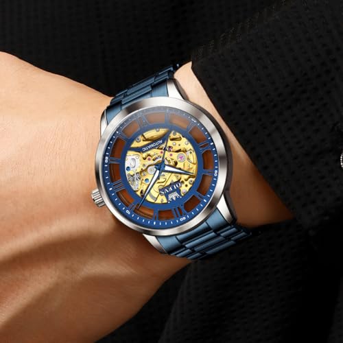 Image of OLEVS Mens Automatic Watch Skeleton Diamond Luxury Mechanical Self Winding Dress Wrist Watch Waterproof Luminous