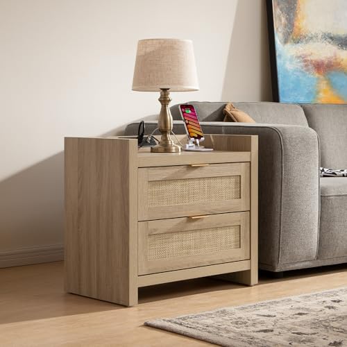 Image of SICOTAS Rattan Nightstand Bedside Table - Night Stand with Type-C Charging Station, 2 Drawers Storage - Boho Night Stands End Table for Bedroom - Light Oak