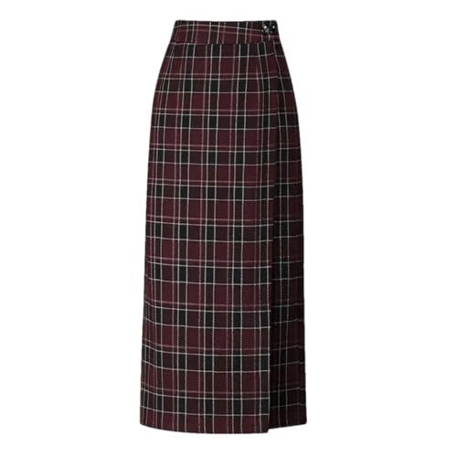Women's High-Waisted Straight-Cut Thickened A-Line Slit Plaid Wool Mini Skirt