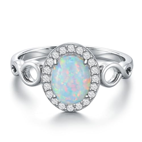 KZX Halo Opal Ring 925 Sterling Silver White Opal Ring Oval Opal Engagement Halo Ring Jewelry Valentine's Day Mother's Day Gift for Women Girls (Ring Size 6-8)
