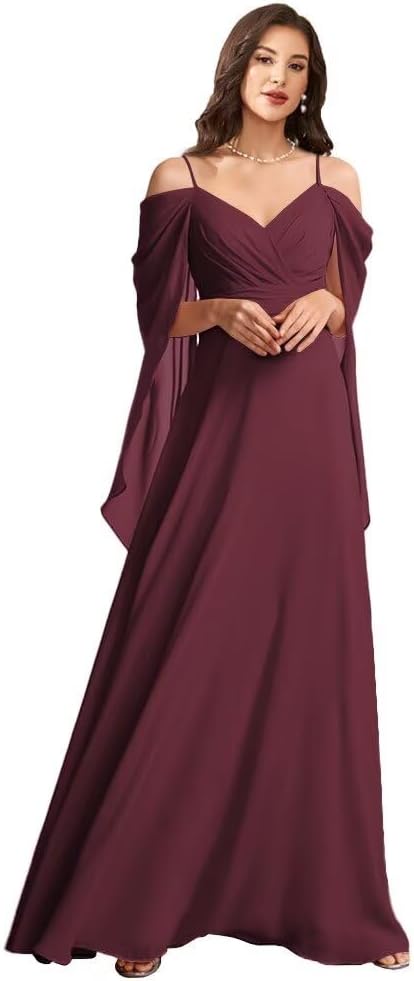 Cold Shoulder Cape Sleeve Bridesmaid Dress for Women Chiffon V Neck Long Wedding Guest Dresses XD03