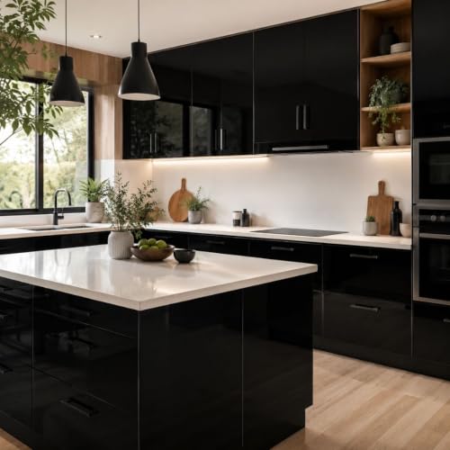 Image of HOME13 Glossy Black Wallpaper Peel & Stick Contact Paper Decorative Self Adhesive Vinyl Wallpaper for Kitchen Cabinet Furniture Countertop Waterproof (24inches By 48inches,Black Glossy)
