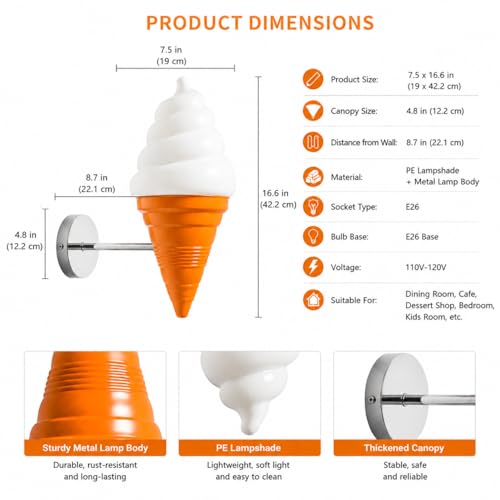 Image of Ice Cream wall lamp Spiral Cone Decorative wall Light Fixture, DIY Lighting Fixtures for Kitchens, Dining Rooms and More(Orange)