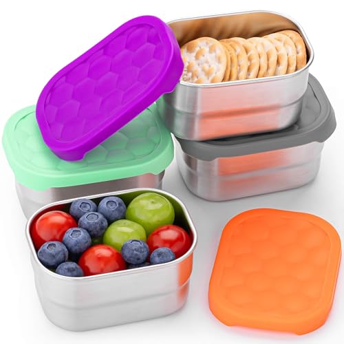 Everusely – Snackbehälter aus Edelstahl – 240 ml, 4er-Pack, aromatisch – auslaufsichere Lebensmittelaufbewahrungsboxen + Deckel – wiederverwendbare Behälter für Familien