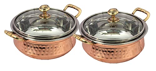 Parijat Handicraft Indian Hammered Copper Serving Bowl For Food Soup With Handle And Glass Lid Decorative Small Seveware Pack Of 6 #TOP5
