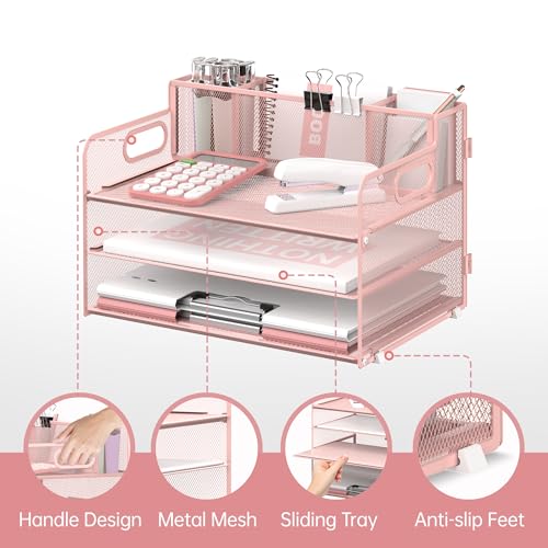 SUPEASY 3 Tier Desk Organizer with Handle & 3 Pen Holders, Mesh Paper/File Organizer for Desk, Paper Letter Tray Organizer for Office Supplies (Pink) image 7
