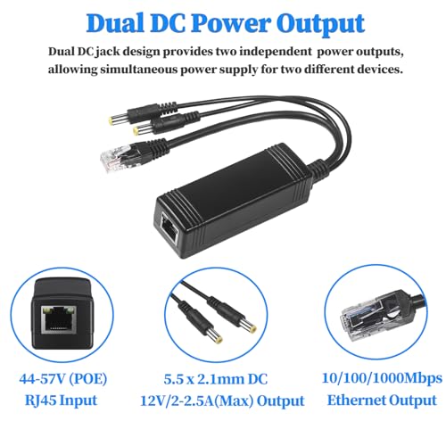 Gigabit PoE Splitter con Doble Salida DC, Compatible con IEEE 802.3af/at, 10/100/1000Mbps, Conector DC 5.5 x 2.1mm, 12V 2.5A Máx, Salida Total 30W, Plug and Play para Cámara IP y AP Inalámbrico (PD3006G) miniatura 2