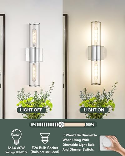 Image of Bathroom Vanity Light Fixtures, Chrome Wall Lights in Clear Glass Indoor Wall Sconce, Modern Wall Light Up and Down Wall Mount Lamp for Bathroom, Bedroom, Hallway, Kitchen, VL834-CH-CL